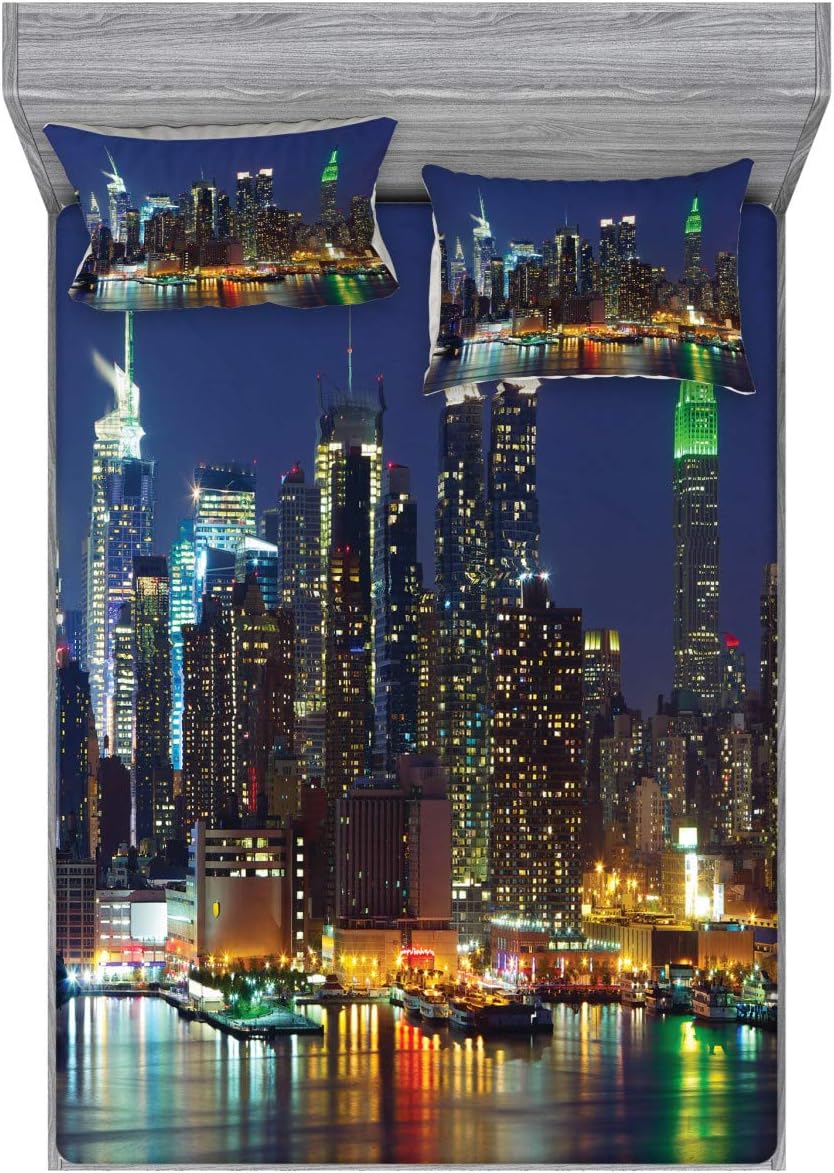 Ambesonne New York Fitted Sheet & Pillow Sham Set, NYC Midtown Skyline in Evening Skyscrapers Metropolis City States Photo, Decorative Printed 3 Piece Bedding Decor Set, Queen, Royal Blue