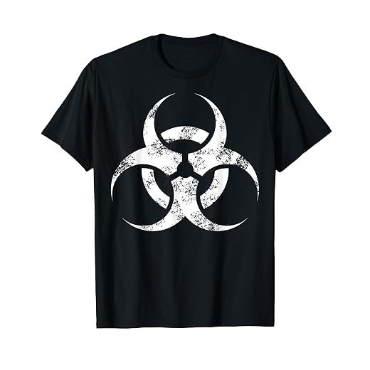 Cool Symbol Tees Biohazard T-Shirt - Men's Black Distressed Modern Crew Neck Short Sleeve T-Shirt - Small