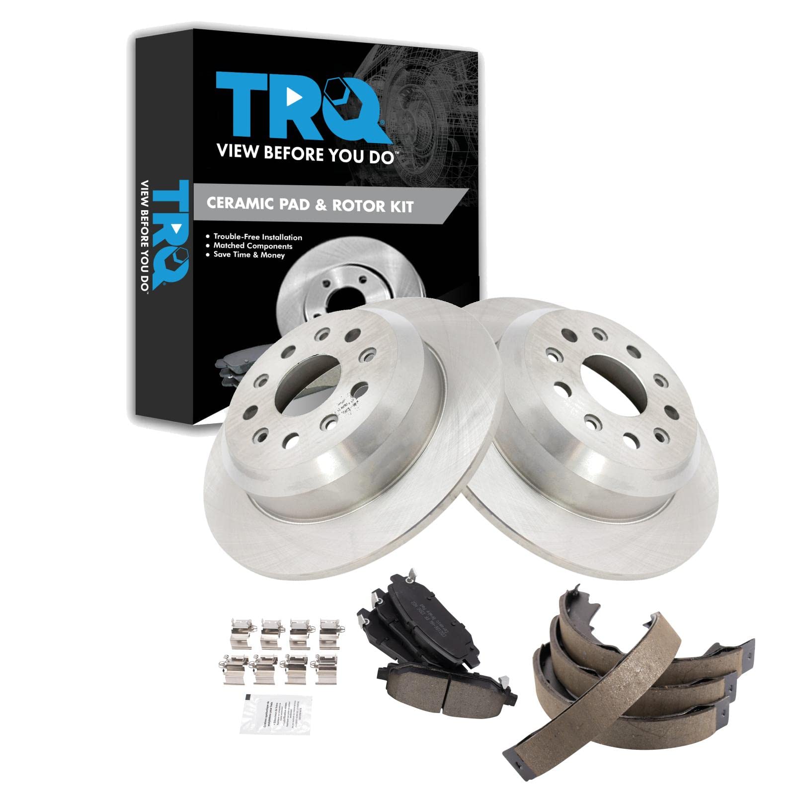 TRQ Rear Brake Pad and Rotor Set Ceramic 328mm Rotors Parking Brake Shoe Compatible with 2018-2021 Jeep Wrangler