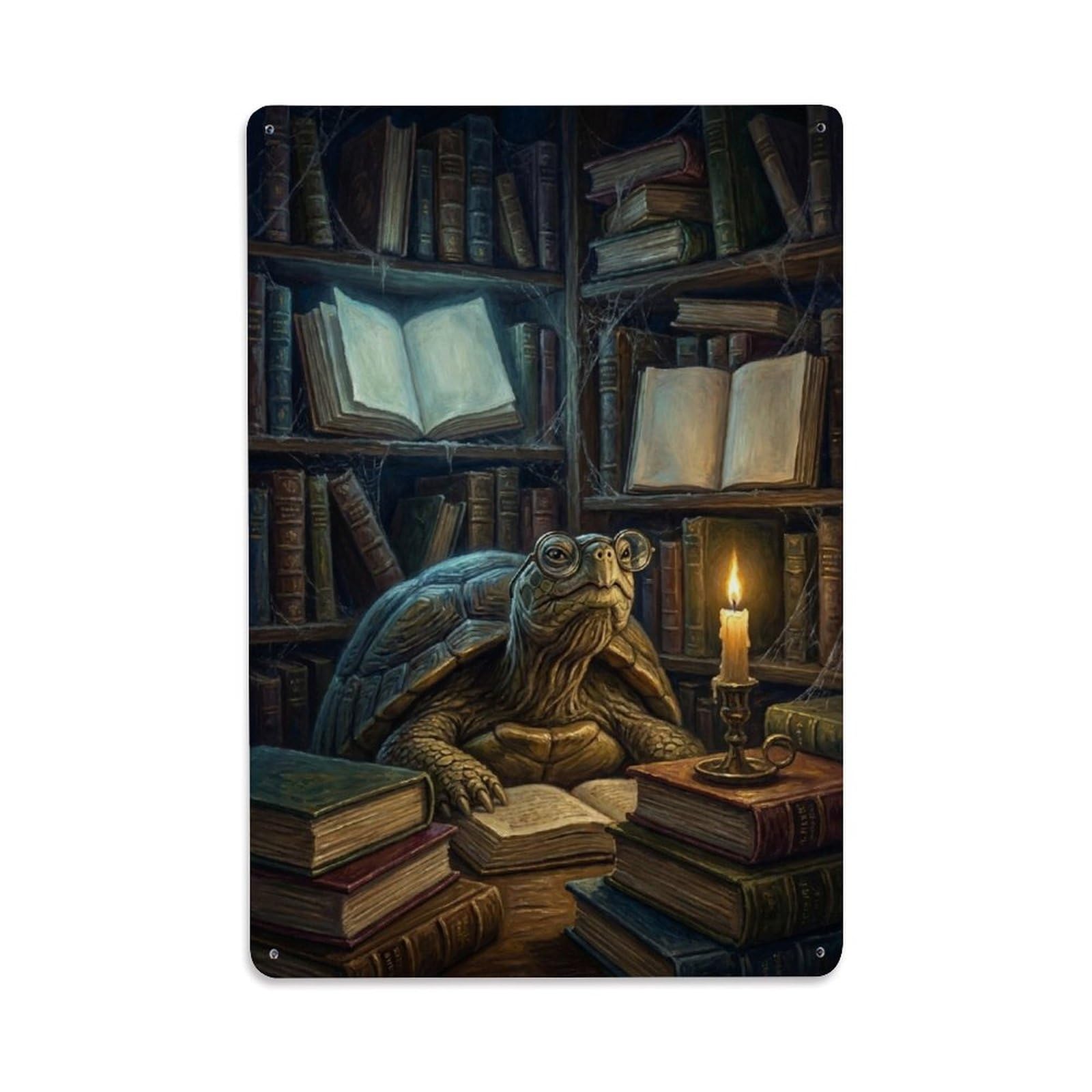 Surreal Vintage Storybook Fable Owl Library Knowledge Satire Metal Tin Sign Plaque Wall Decor for Cafe, Man Cave, Club Bar, Office, Home Garden Round Metal Poster 8x12Inch