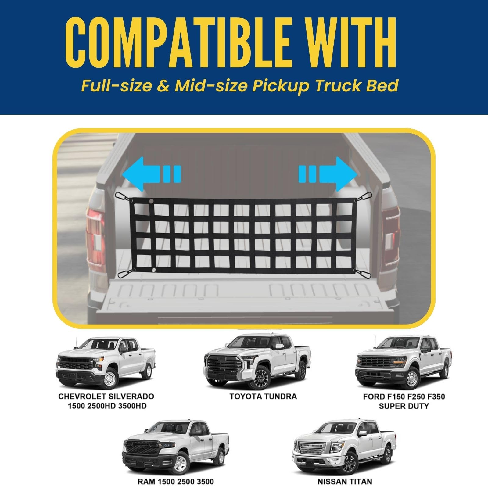 Rete per portellone posteriore resistente, 152 x 45,7 cm, per camion pickup, facile da usare, per camion Chevy, Ford, GMC, Dodge Ram
