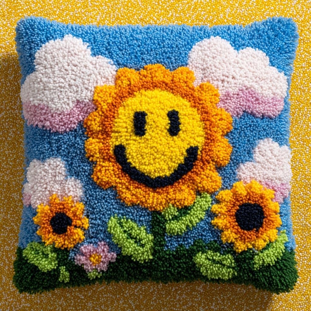AxiangziK Creative Latch Hook Pillow Kit,Cartoon Smiling Sunflower Latch Hook Kit for Adults Beginners 17x17in,DIY Embroidery Cushion for Home Christmas Sofa Decor & Gift Idea