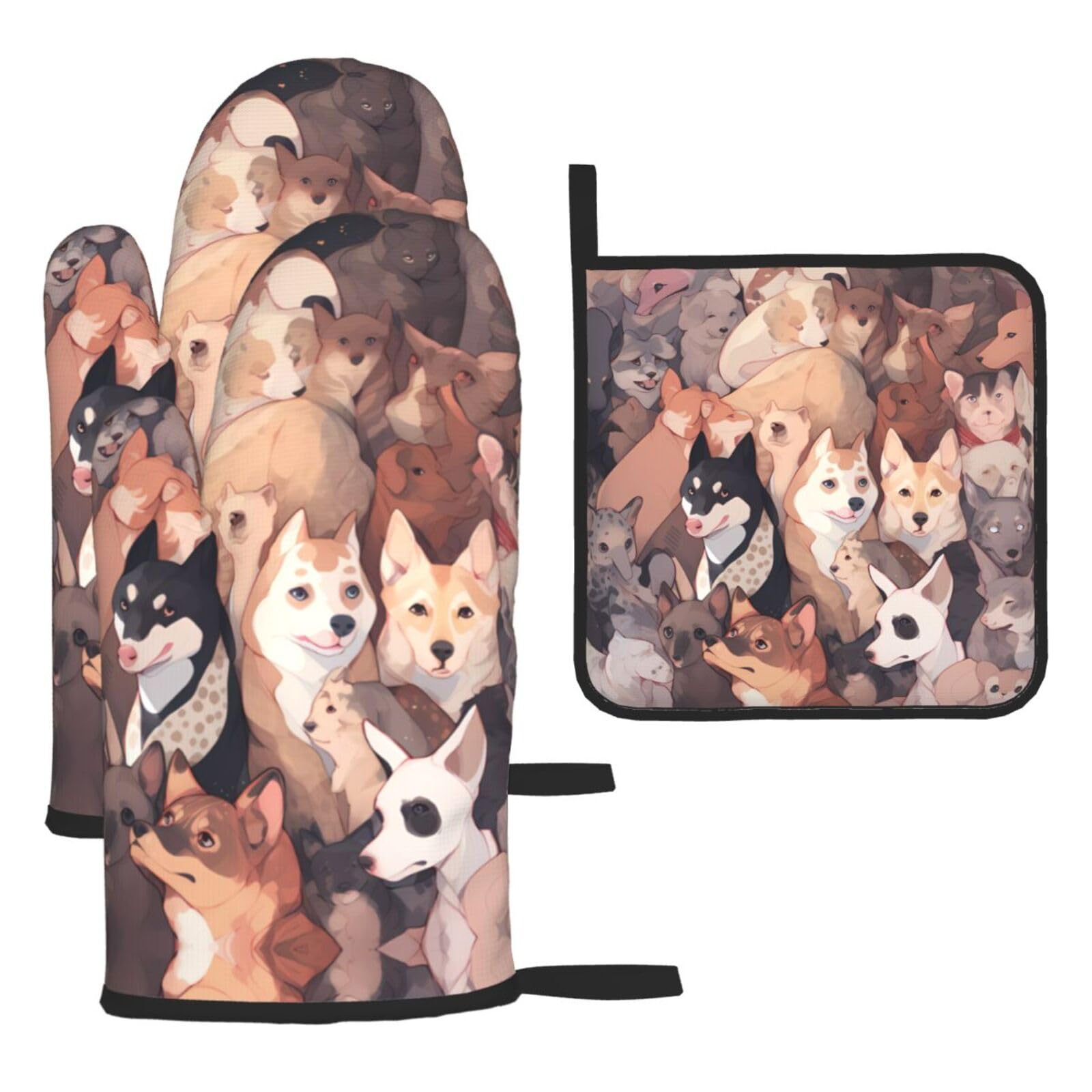 Dog Pictures Oven mittens and oven mitts three-piece set suitable for oven, grilling, baking, microwave and home cooking.