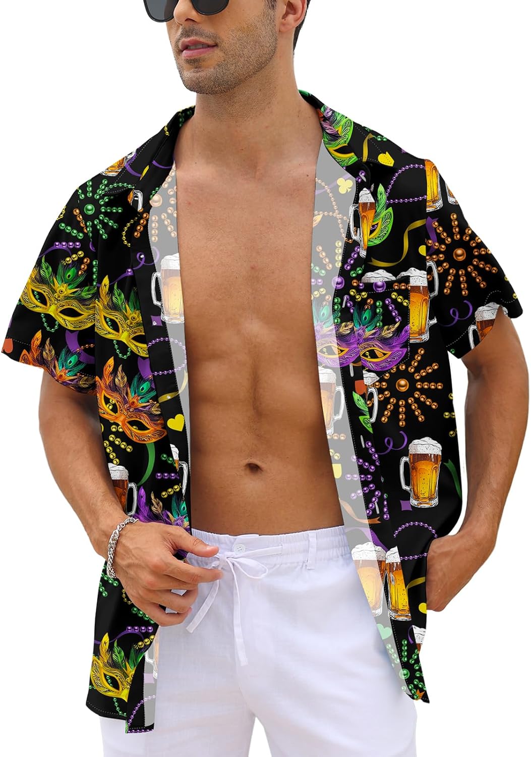 Purple Mardi Gras Shirt for Men Button Down Short Sleeve Hawaiian Shirts - Image 2