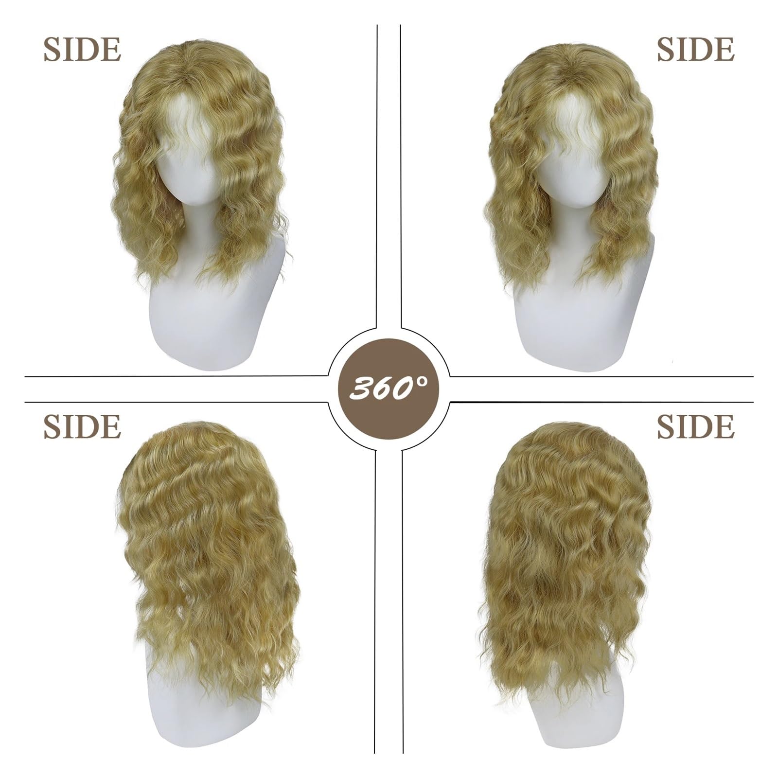 Parrucca sintetica naturale bionda da 1 pezzo, capelli ricci lunghi for uomo, uso quotidiano, a strati con frangia(Black)