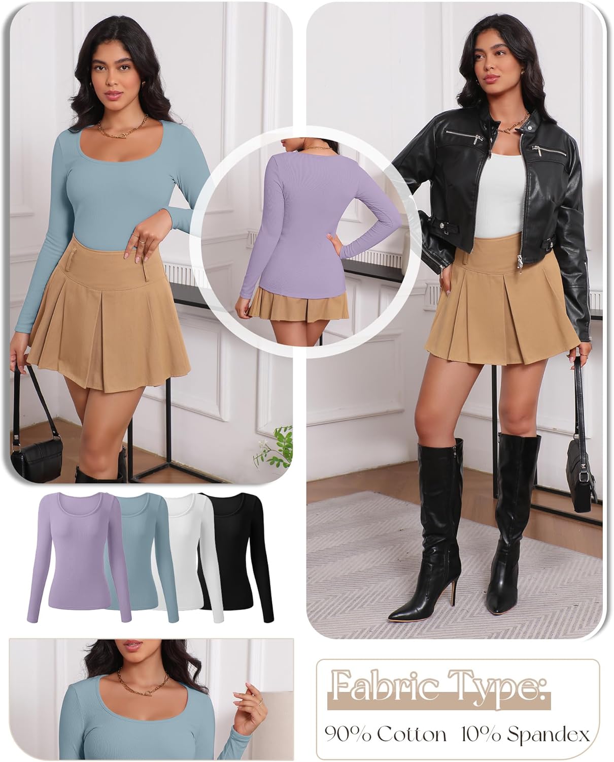 4 Pack Women's Ribbed Thermal Long Sleeve Shirts, Cotton Scoop Neck Slim Fit Base Layer Undershirts Basic Tops - Image 5