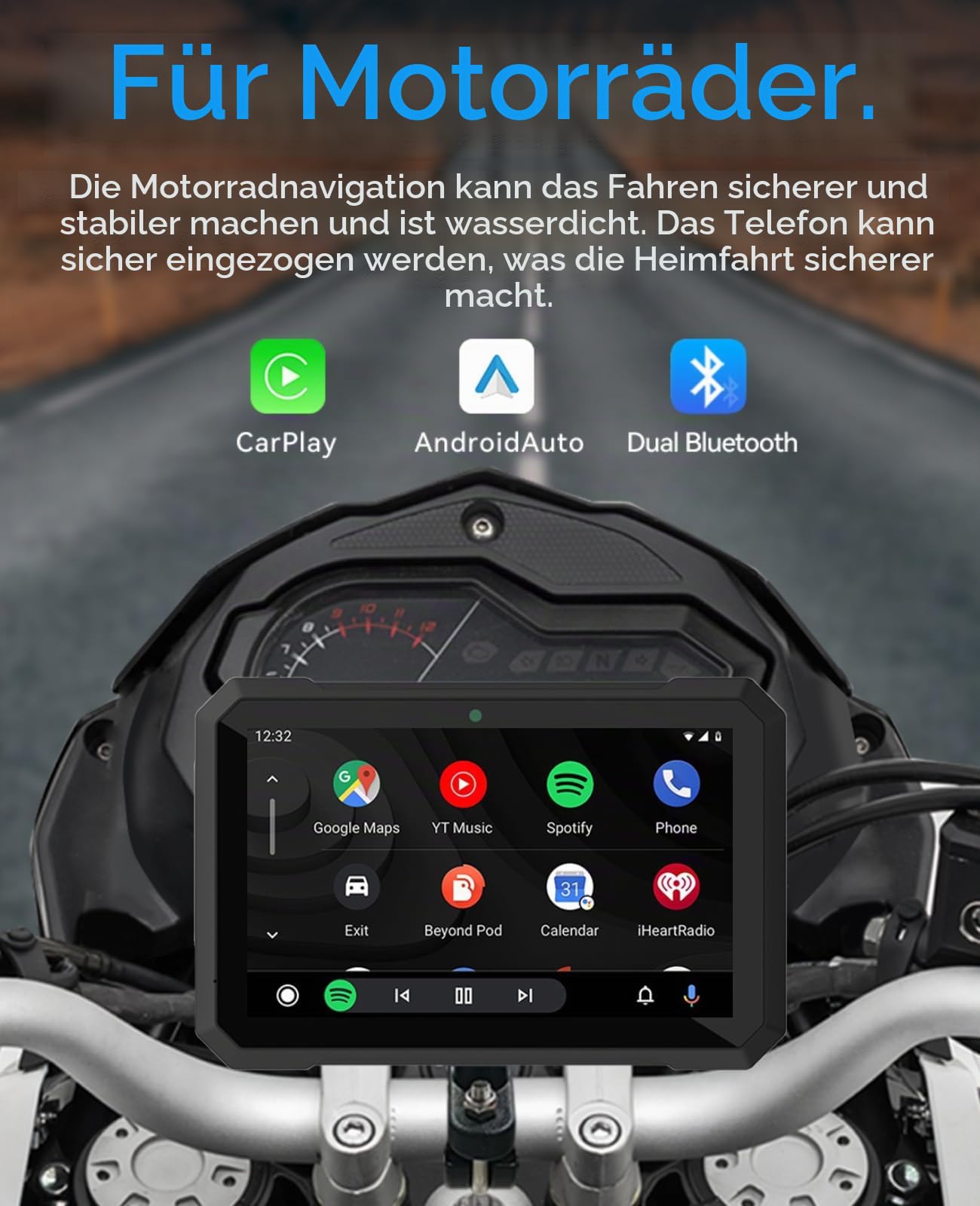 Sunweyer Motorrad Carplay und Android Auto Tragbare Drahtlose GPS Navigation 7 Zoll IPX7 Wasserdicht Touchscreen 5G Dual Bluetooth