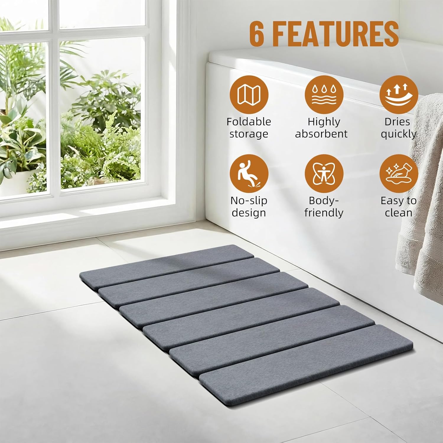 Luxspire Stone Bath Mat Foldable, Quick Drying Diatomaceous Earth Bath Mat for Bathroom, Large Bathroom Rug with Non-Slip Rubber Base, Easy Clean Shower Mat Outside Shower, 24 x 16 Inch, Dark Gray