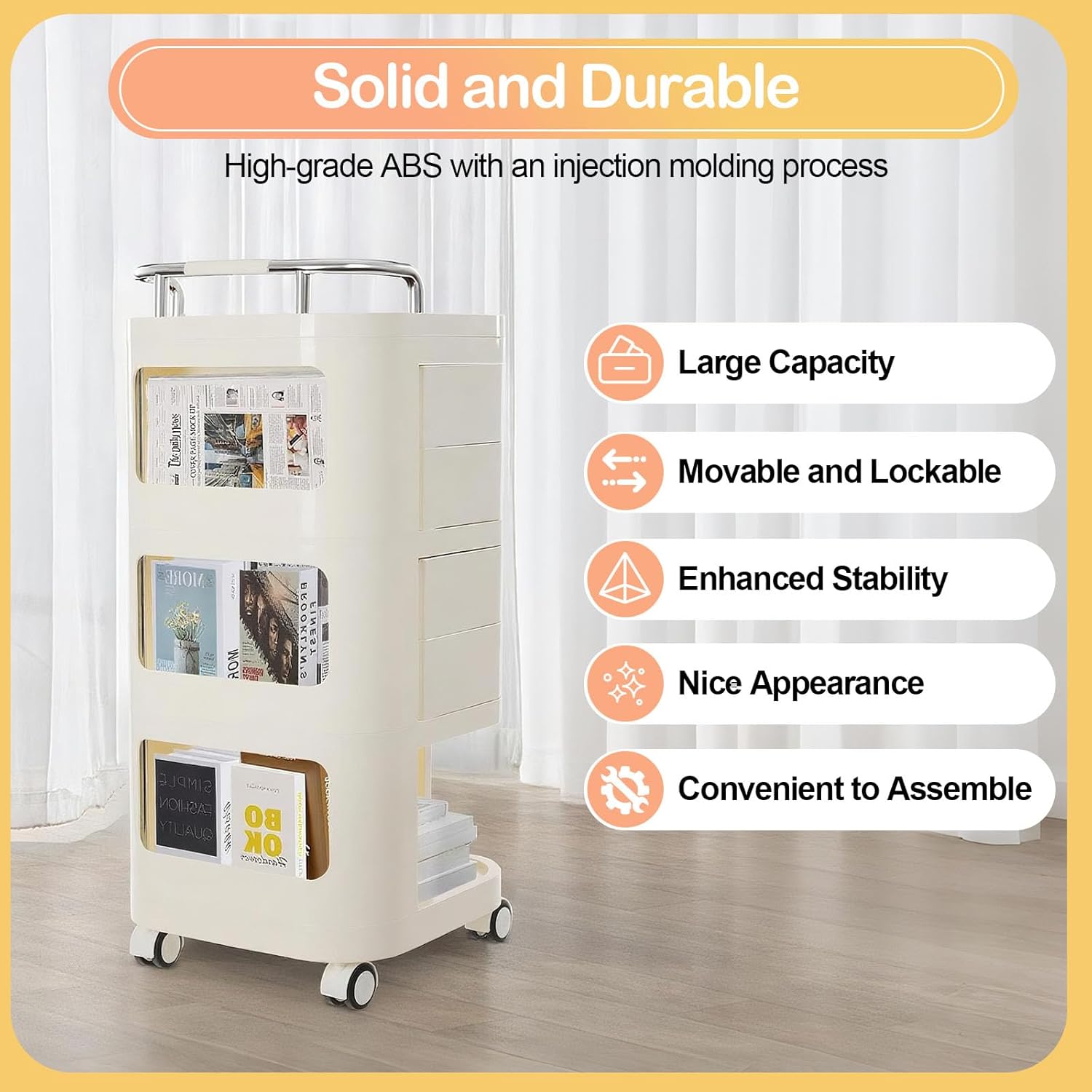 3 Tier Storage Cart, Movable Utility Storage Cart Rolling Utility Cart with Drawers Storage Rack with Wheels Mobile Trolley Cart for Homes, Office, Libraries, Restaurants (Cream Color)