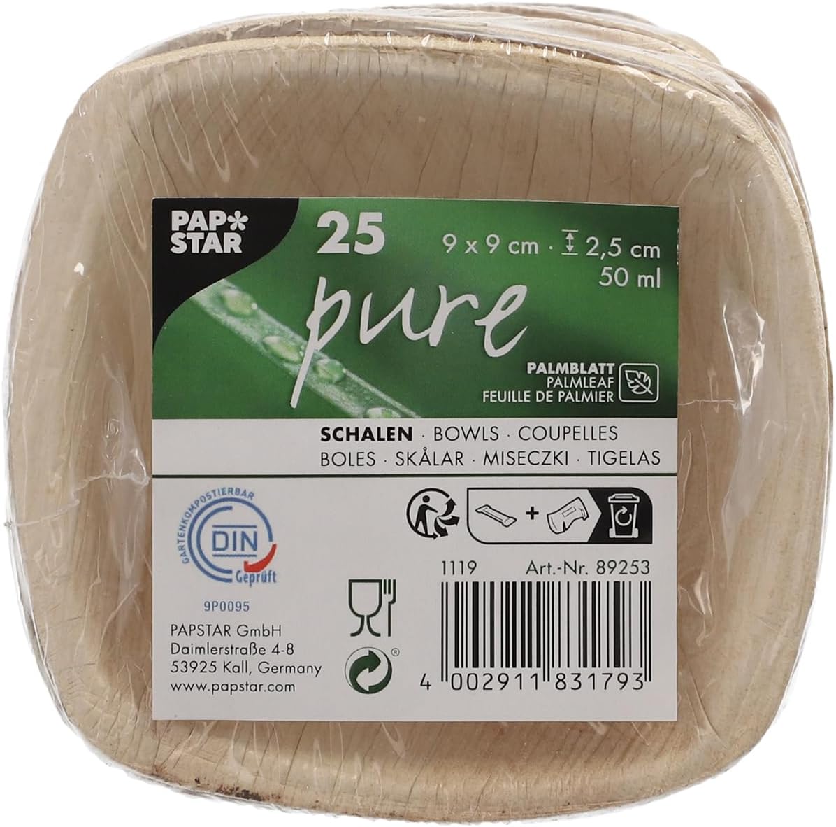 25 Bowls Palm Leaf Pure 50 ml 2.5 cm x 9 cm x 9 cm Natural Quadrato