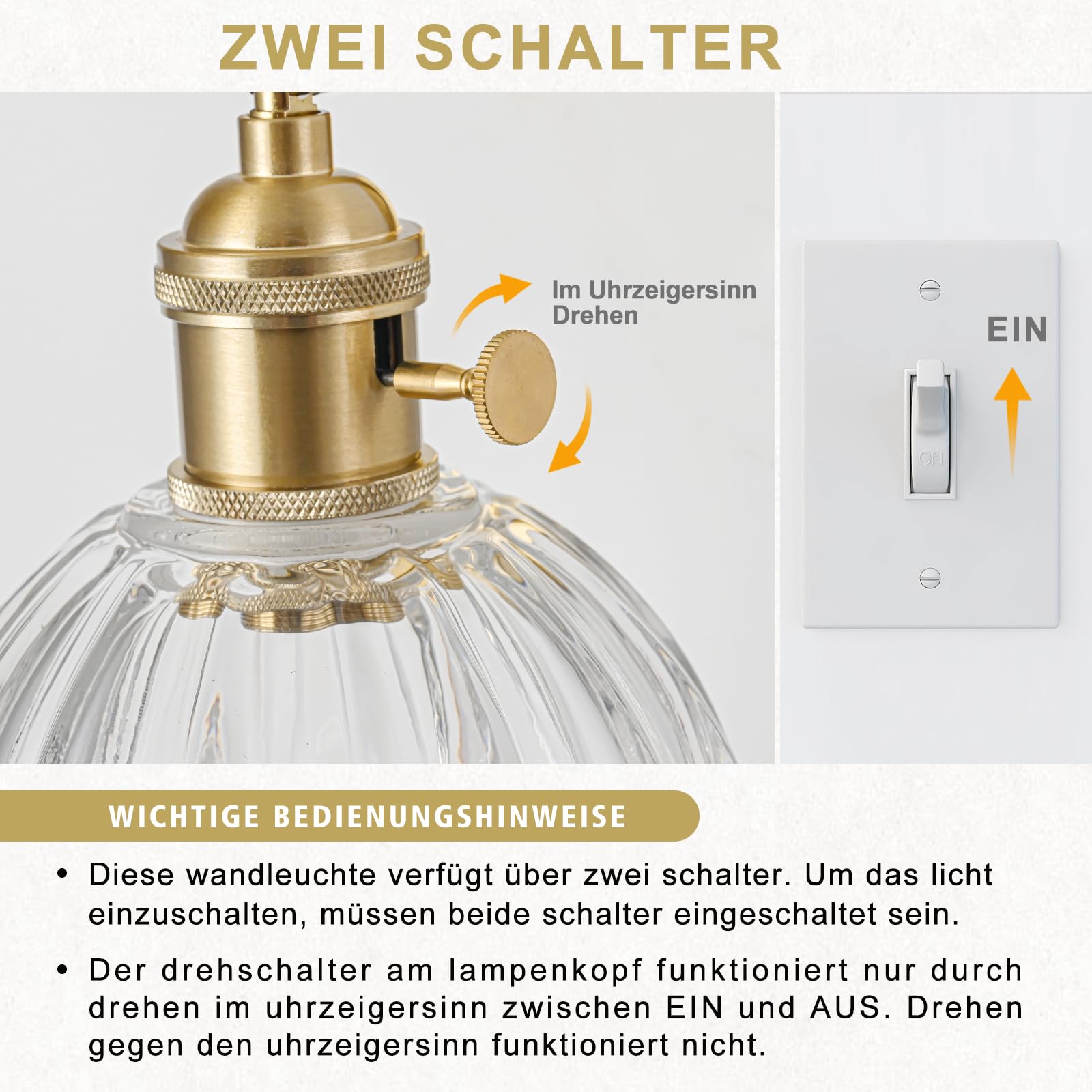 Festverdrahtete Wandleuchte, Vintage wandleuchte mit Schalter, Goldene Armatur mit Tulpen-Transparentglas-Lampschirm, Wandlampe Innen, Wandlampe mit Schalter, Leuchtmittel Nicht Enthalten