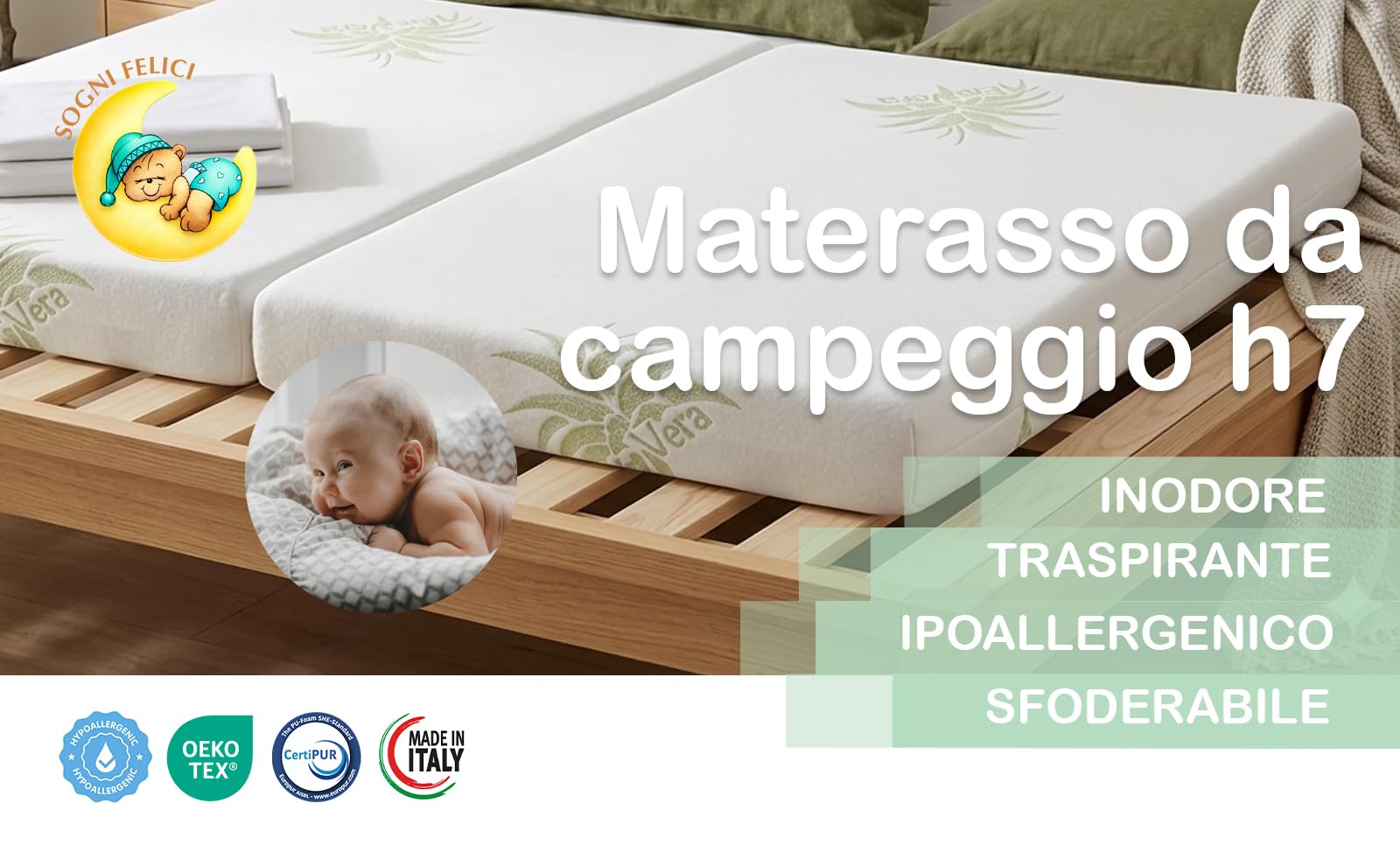 Materasso Lettino da Campeggio 60x120 Spessore 7 cm, OEKO-TEX® e CertiPUR™ Materassino Pieghevole per Culla da Viaggio, Fodera Aloe Vera, Materasso Lettino 60x120 per Lettino Portatile