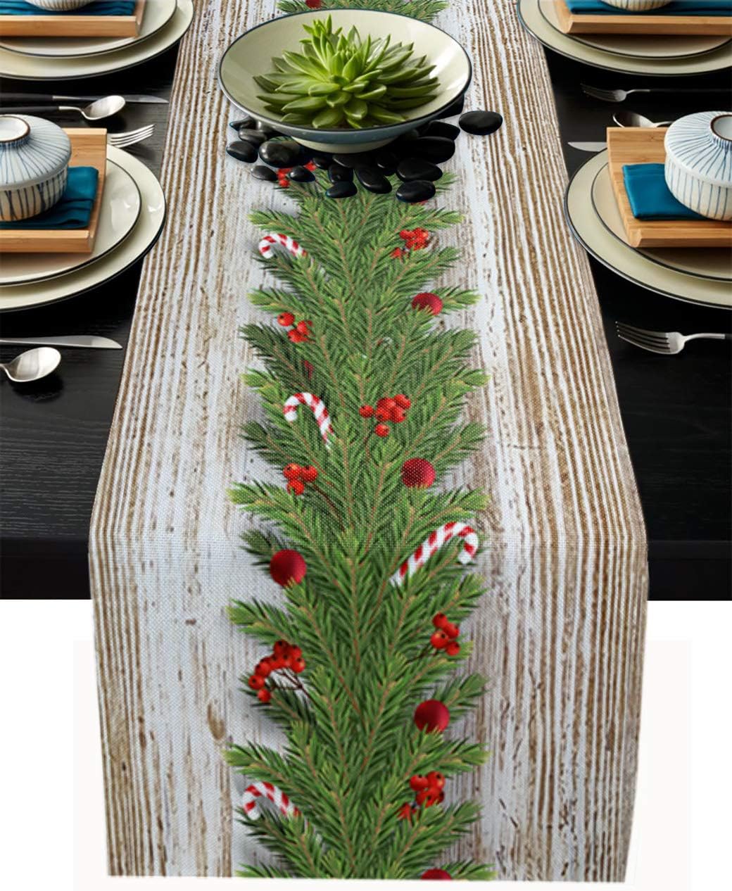 Linen Burlap Table Runner Merry Christmas Dresser Scarf Table Decorations for Everyday Use, 13x90 Inch Table Runners for Dinner Parties & Events, Xmas Tree Rustic Wooden Plank