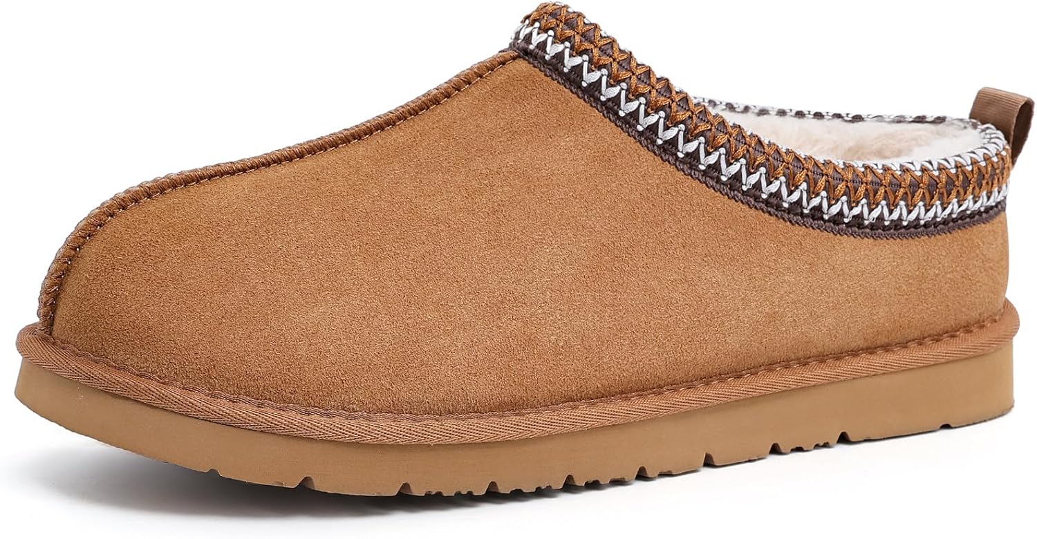 Mens Slippers Genuine Suede Fuzzy Slippers Indoor and Outdoor Cozy House Shoes Memory Foam Non-Slip Footwear Winter Warm Clogs