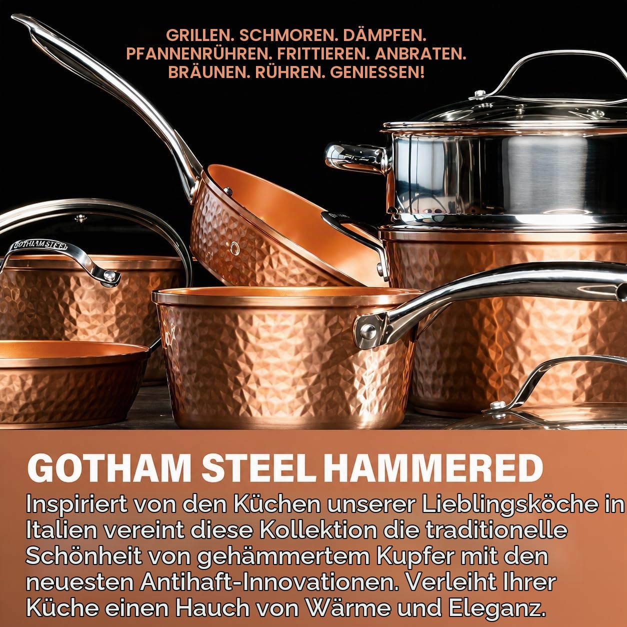 Gotham Steel Hammered Copper Collection — 15-teiliges Premium-Koch- und Backgeschirr-Set mit Antihaftbeschichtung, Aluminiumzusammensetzung — beinhaltet Bratpfannen