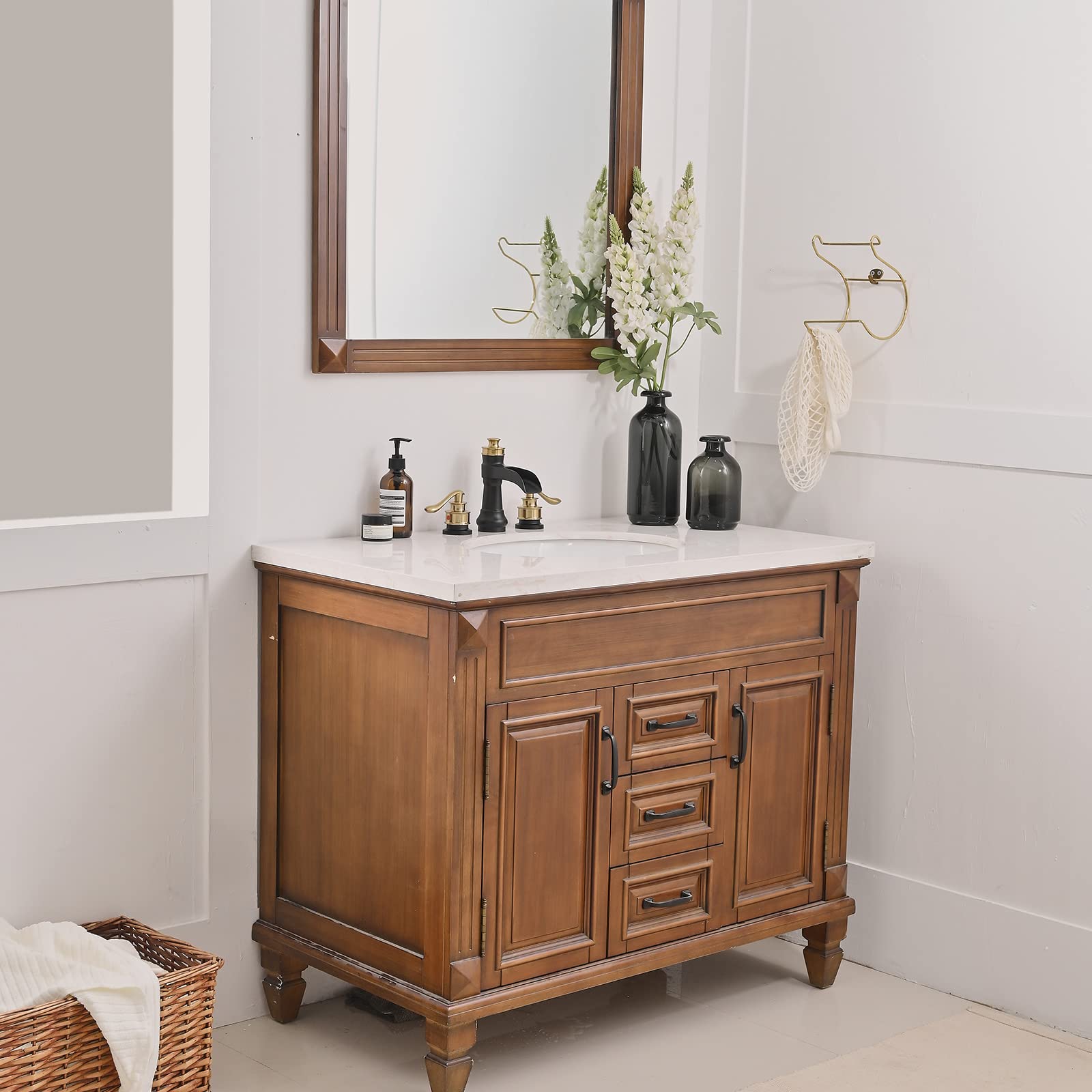 Rubinetto da Bagno a Tre Fori, 20 cm, 2 Maniglie, Nero e Oro, per Uso Commerciale, con Tappo di Scarico a Scomparsa in Ottone e Tubi di Alimentazione. Miscelatore per lavabo e Mobile Bagno.