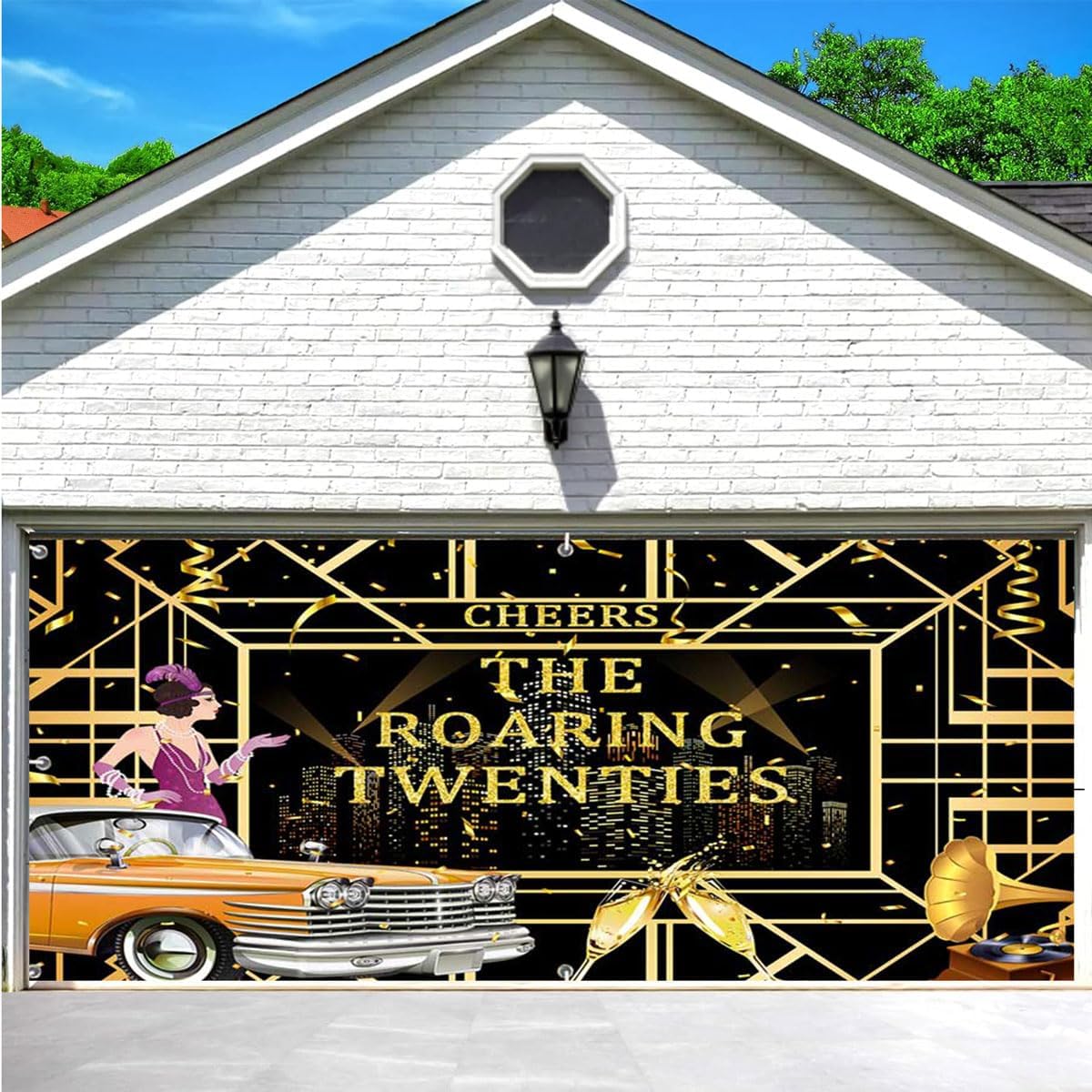 Roaring 20s Garage Door Decorations Cover - Luxury 1920s Theme Garage Buddy Background with Black Gold Vintage Texture, 1920s Outdoor Party Decor 16X7FT