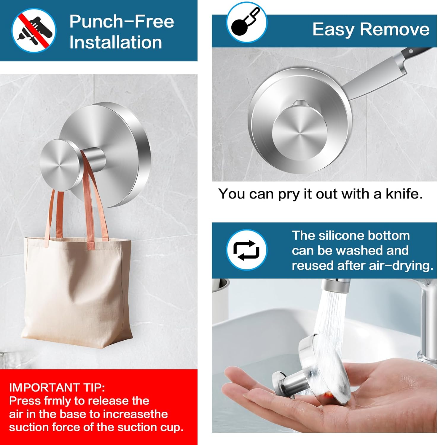 Suction Cup Hooks for Shower 2 Pack, 304 Stainless Steel Removable Towel Hooks for Bathroom Wall and Window, Heavy Duty Shower Hooks for Tile Glass Mirror, Silver