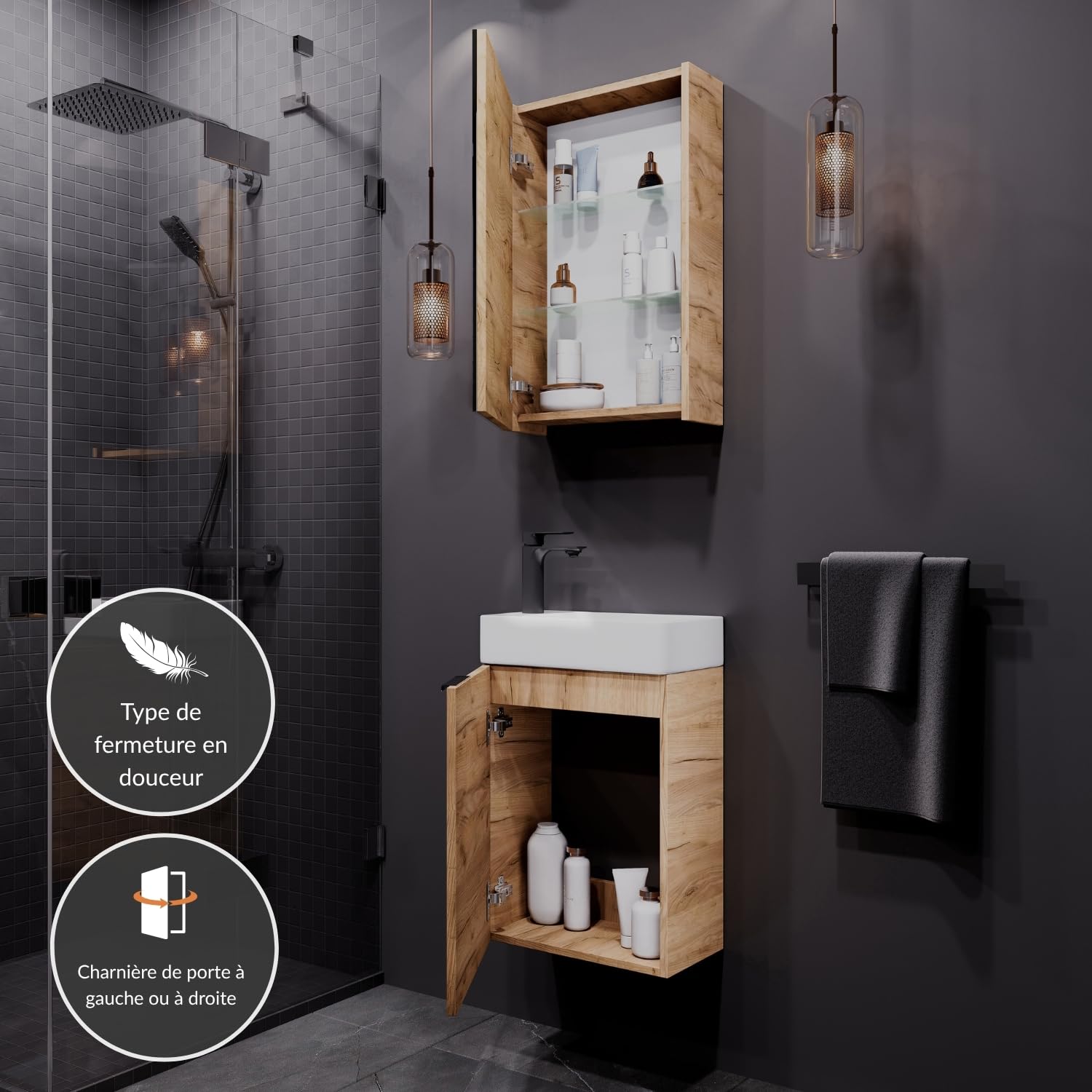 Planetmöbel Meuble sous lavabo avec Armoire de Toilette Ensemble de Meubles de Salle de Bain 40 cm pour Salle de Bain WC invités Chêne doré