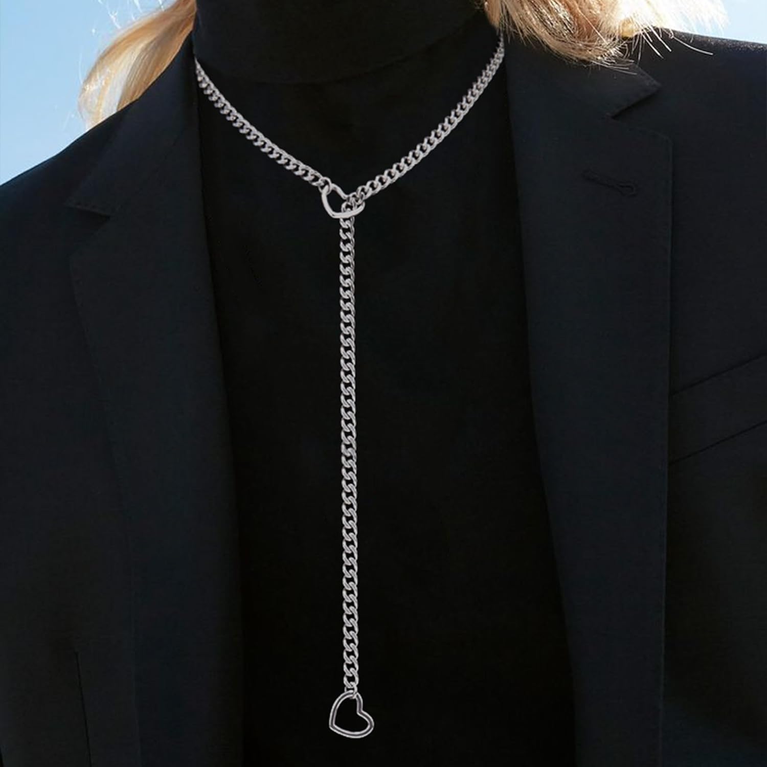 Slip Chain Necklace for Women, Adjustable Heart O-Ring Collar Choker Stainless Steel Chain, Goth Jewelry Gift, Available in 25-34'' - Image 2