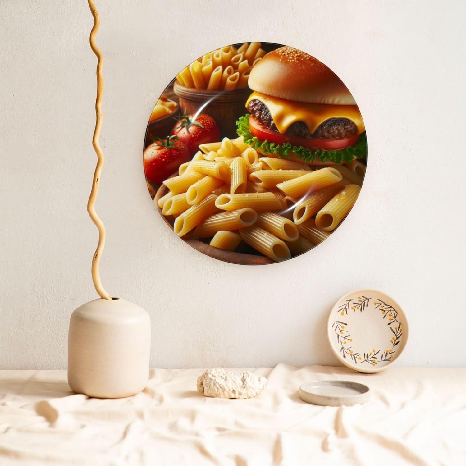 Hamburger-Cheese-Penne-Pasta 10 Inch Decorative Plate With Stand, Elegant Display Wall Plate For Home Decor