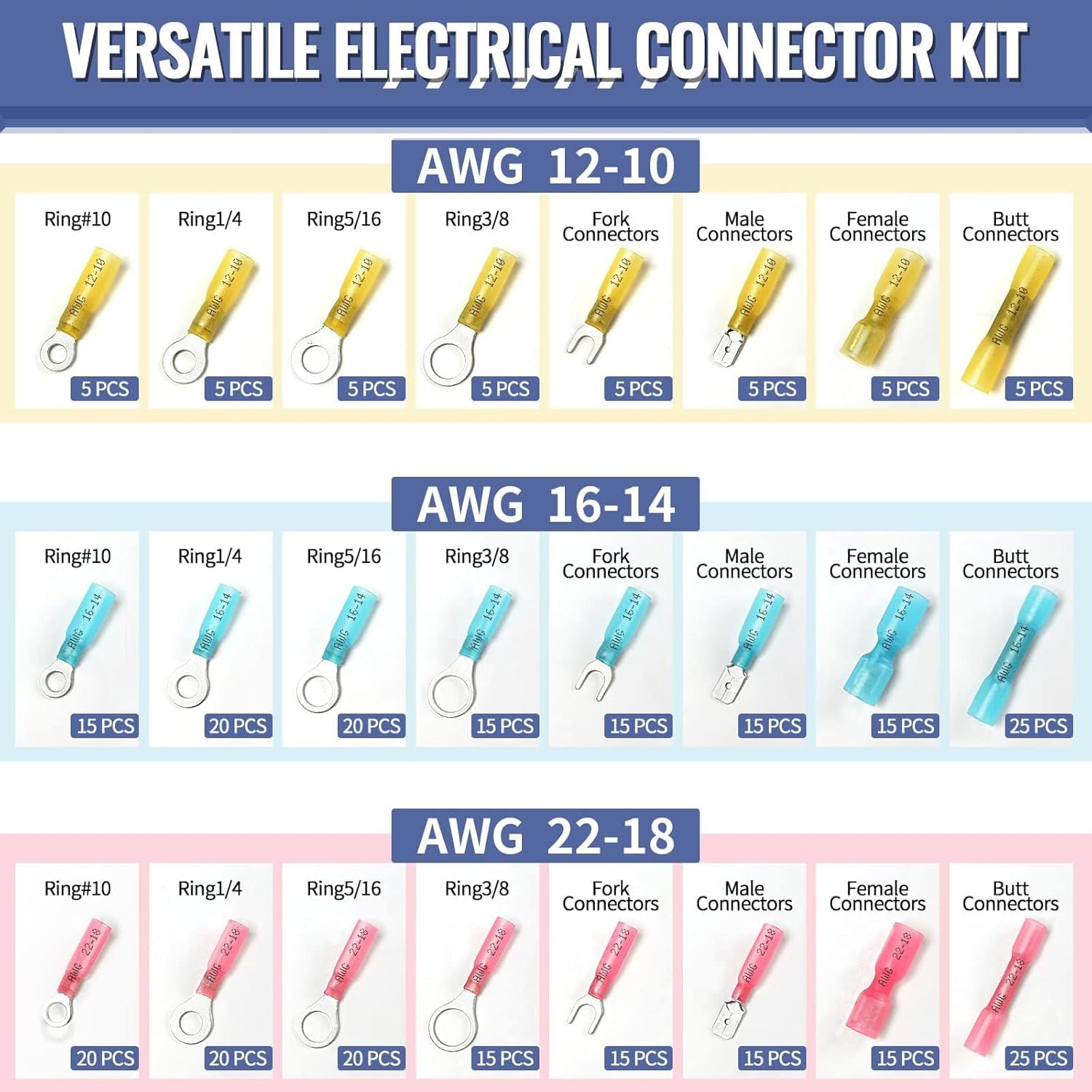 325PCS Marine Grade Heat Shrink Wire Connectors - Sopoby Electrical Connectors Kit of Tinned Red Copper, AWG 22-10 Waterproof Crimp connectors terminals Insulated Ring Fork Spade Butt Splices