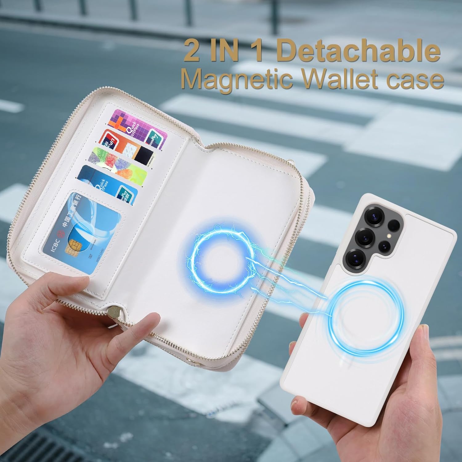 Harryshell Compatible with Samsung Galaxy S25 Ultra Case Wallet Multi Zipper Detachable Removable Cover Purse with Card Slots Holder Mirror Crossbody Strap (Compatible with Magsafe - White)