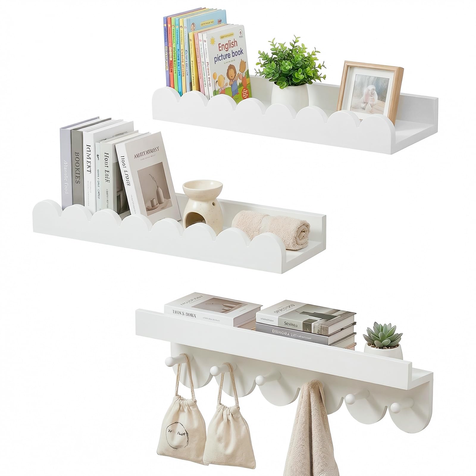 3er Set Wandregal Kinderzimmer Bücherregal Kinder Wand mit runden Haken