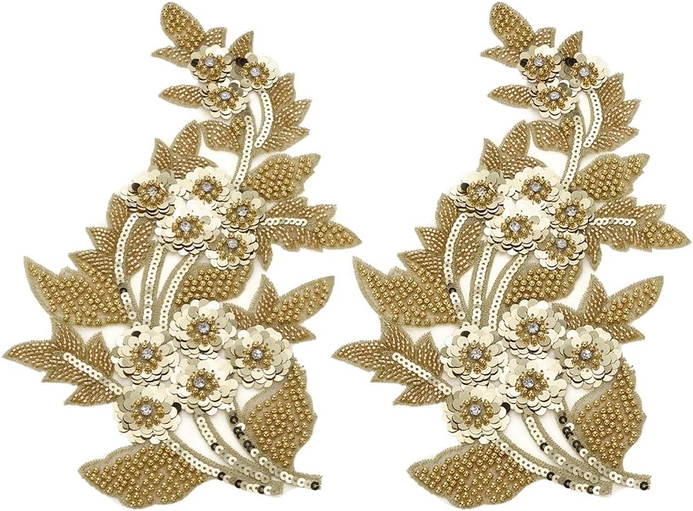 FINGERINSPIRE 2Pcs Flower Beaded Sequin Patches Silver Beaded Gauze Appliques 13x7.1Inch Floral Glitter Paillette Patches Metallic Sequin Beaded Applique Clothing Repair Sew on Patch for Dress Hat DIY