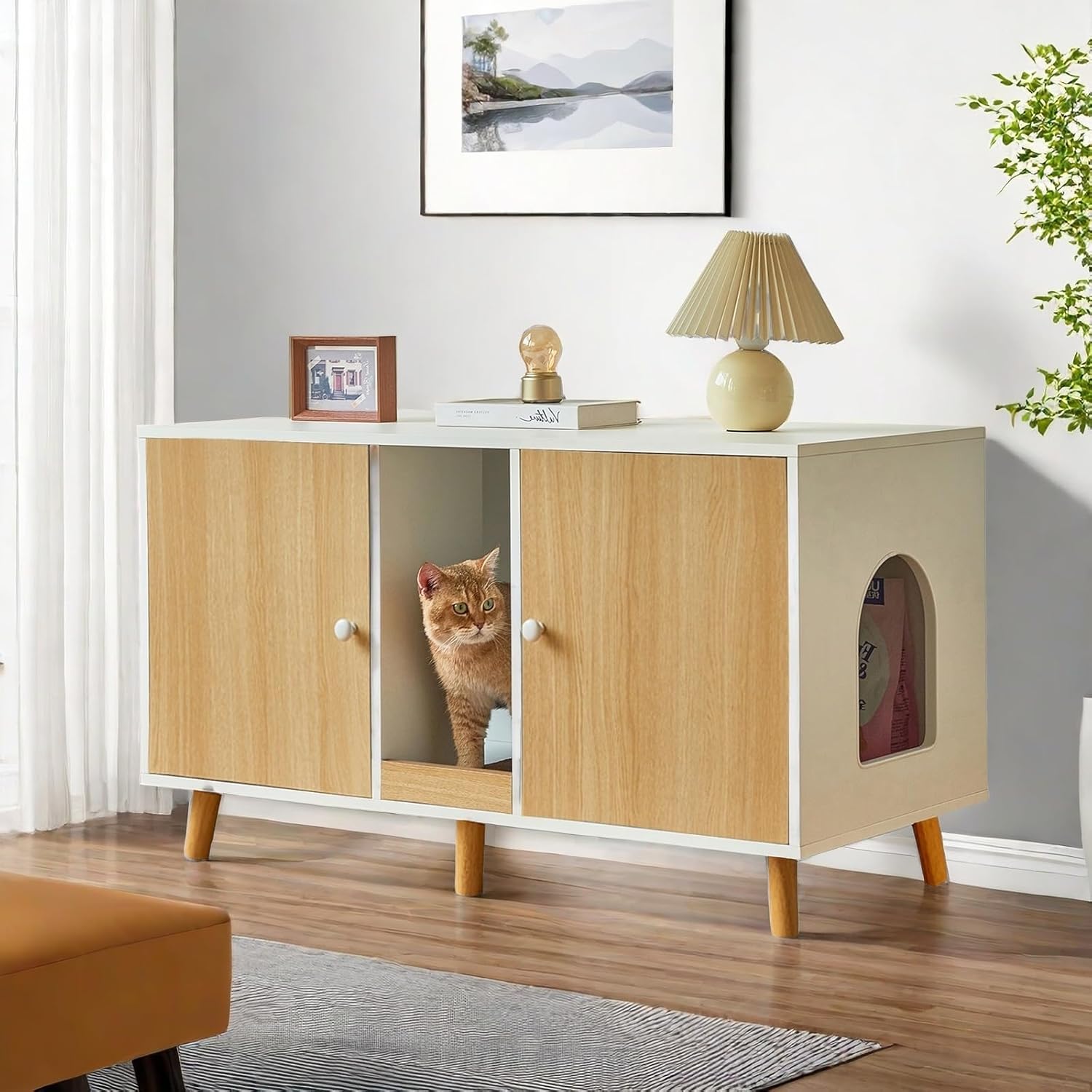 Litter Box Enclosure for 2 Cats - 42.5" Double Hidden Cat Litter Box Cabinet with Scratching Pad Large Space Indoor Pet House Crate Furniture Modern, Wood