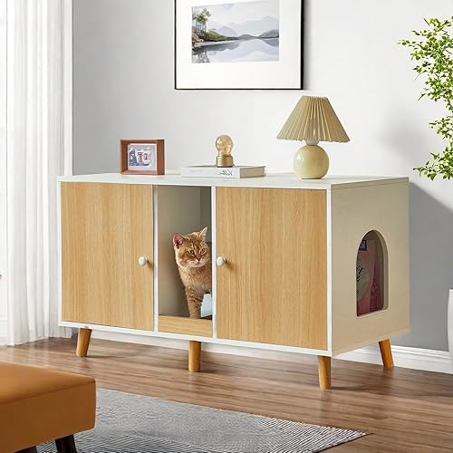 Miniatura 8 de Caja de arena para 2 gatos Armario doble oculto para gatos de 42.5 pulgadas con almohadilla para rascar gran espacio para interiores y mascotas,