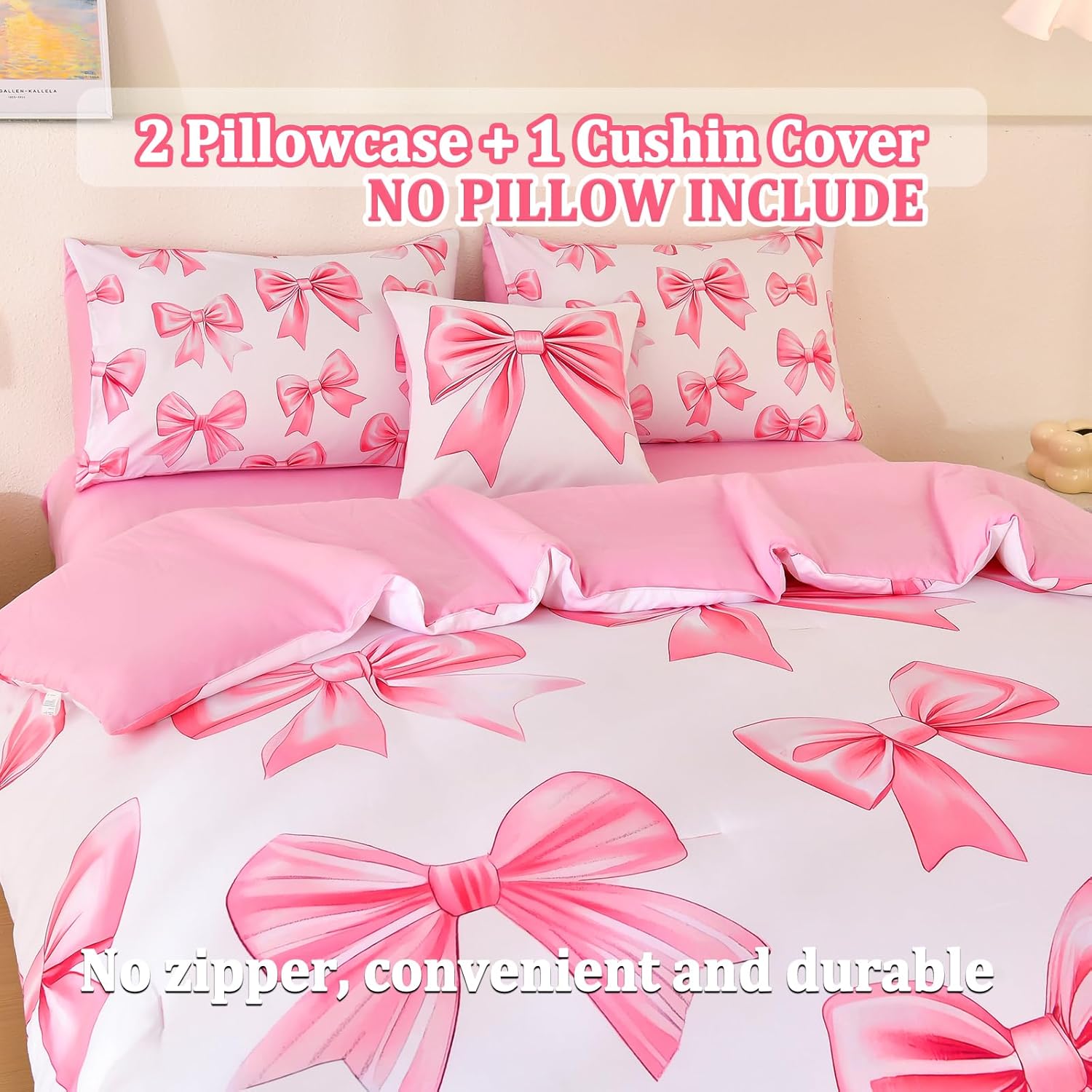 6 Pcs Bed in A Bag Full Comforter Set for Girls,Pink Bow Bedding,Bow Comforter Sets with Sheets for Kids - Image 5