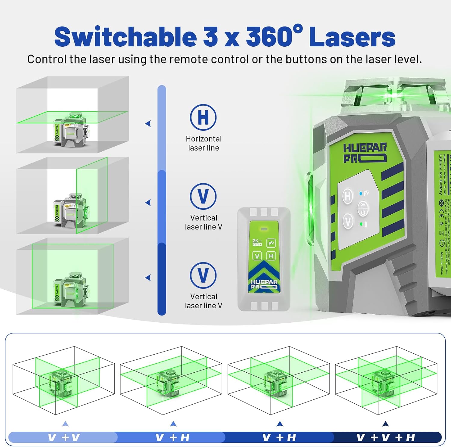 Huepar Pro Laser Level 360 Self Leveling with 50inch Tripod, 3 x 360° High Brightness Green Laser Leveler Tool for Construction, Tile and Picture Hanging, 8000mAh Li-ion Battery & Magnetic Bracket