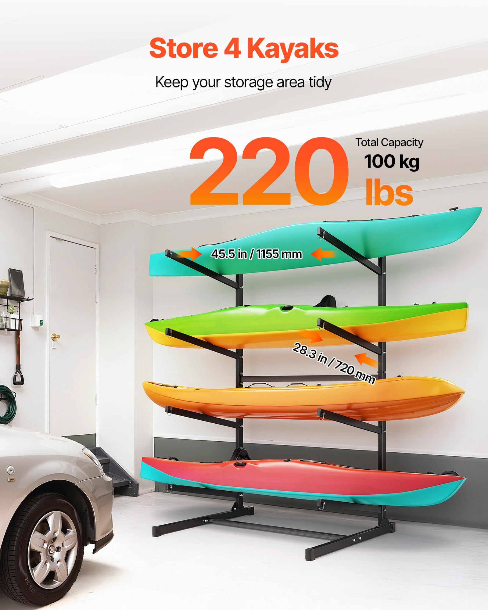 VEVOR Freistehendes Kajak-Aufbewahrungsregal für 4 Kajaks/Kanus/Surfbretter/Paddleboards, Kajakständer für Außen- und Innenbereich, Einstellbarer Kajakhalter, 90 kg Belastbarer Aufbewahrungsständer