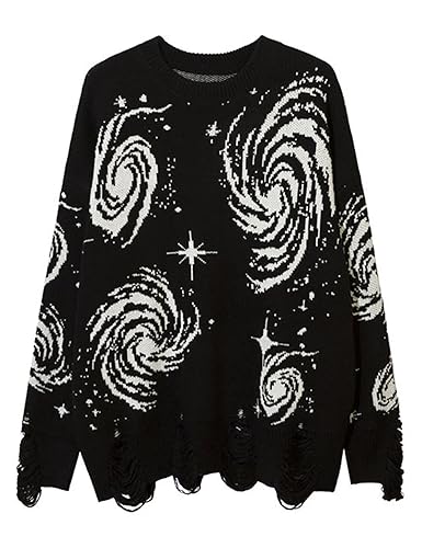 Yimoon Mens Oversized Sweaters Graphic Crewneck Knit Pullover Unisex Y2K Streetwear Jumper Tops - Black01 - Medium