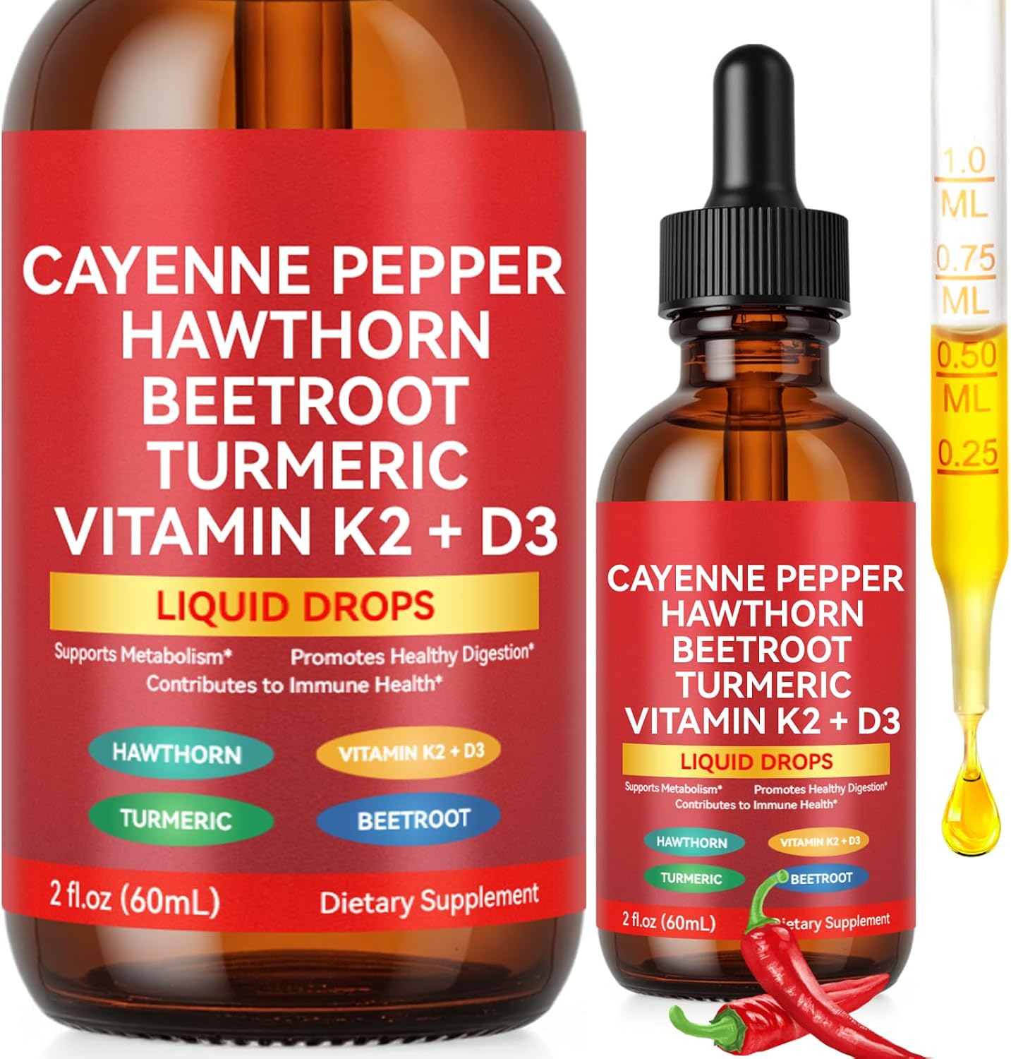 Cayenne Pepper Drops, Organic Cayenne Pepper Liquid, Vegan-Friendly Health Supplement with Hawthorn, Beet Root, Turmeric, Vitamin K2 & D3
