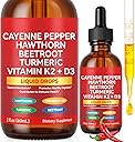 Cayenne Pepper Drops, Liquid Cayenne Pepper Organic, Cayenne Health Supplements, Cayenne Pepper Hawthorn Beet Root Turmeric Curcumin, Vitamin K2 & D3, Vegan-Friendly- 2 Fl Oz