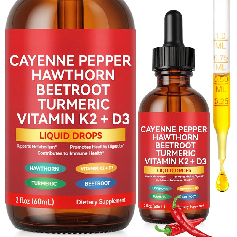 Tooffi Suplemento líquido de pimenta-caiena com vitaminas D3 e K2, beterraba, cúrcuma, canela-do-Ceilão, berberina e ginseng, 60 mL