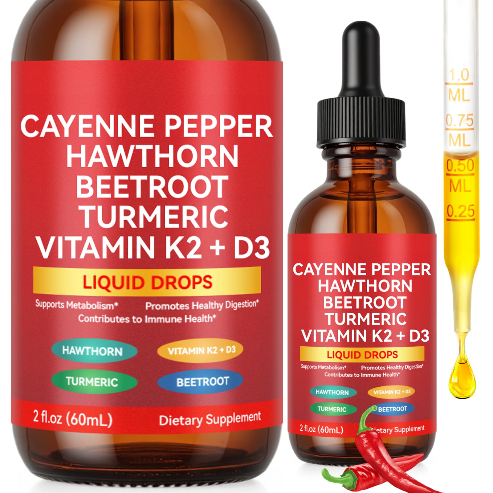 Tooffi Cayenne Pepper Drops Supplement,Cayenne Pepper Liquid Drops,Cayenne Health Supplements,Support Vitamin D3 K2 Beet Root Powder,Circulatory Heath