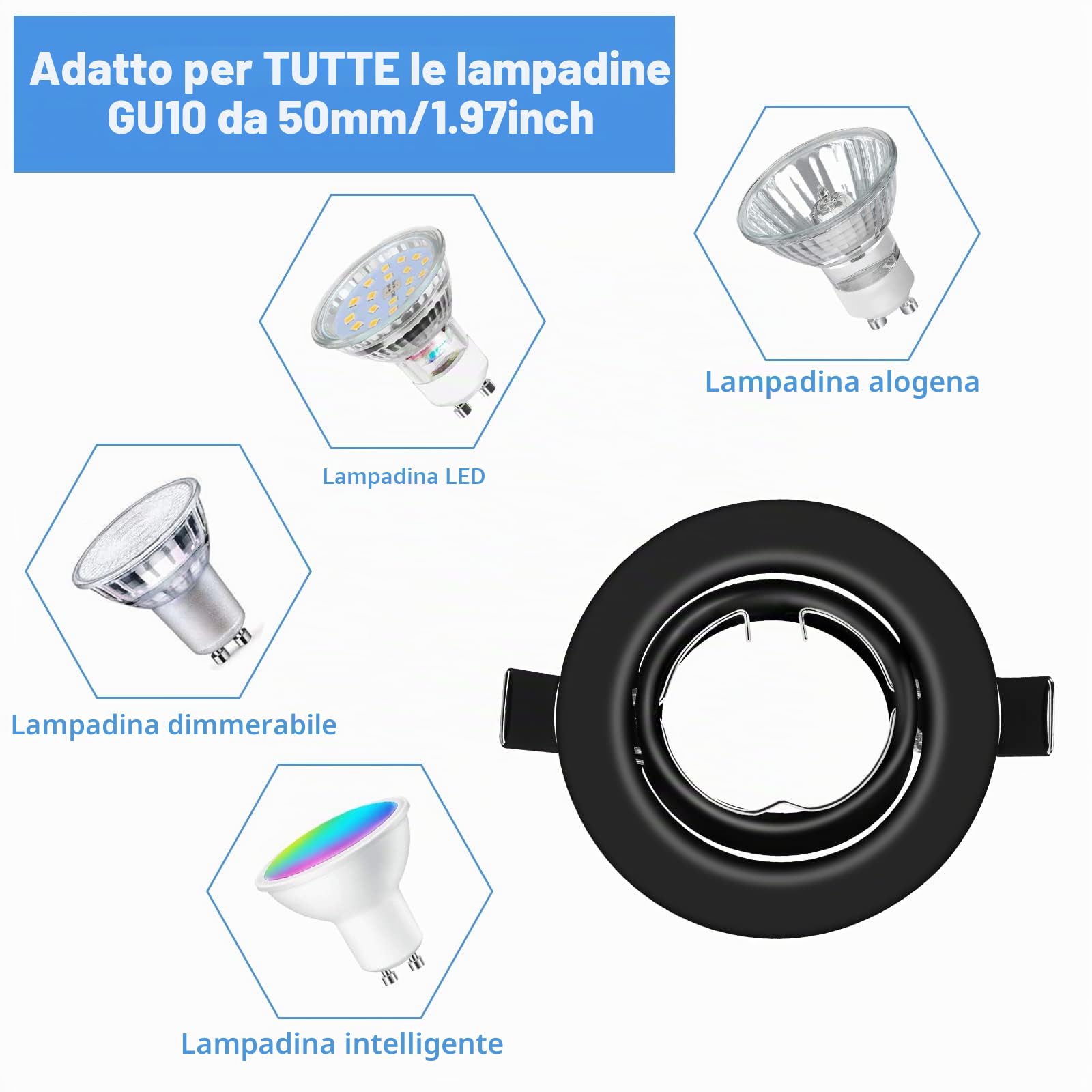Cornice Faretto Incasso Cartongesso GU10,Portafaretto da Incasso Rotondo Nero,Faretti led da incasso per cartongesso incl.Portalampada GU10,Orientabili a 35°,Per 50mm LED e Alogeno,Set da 20