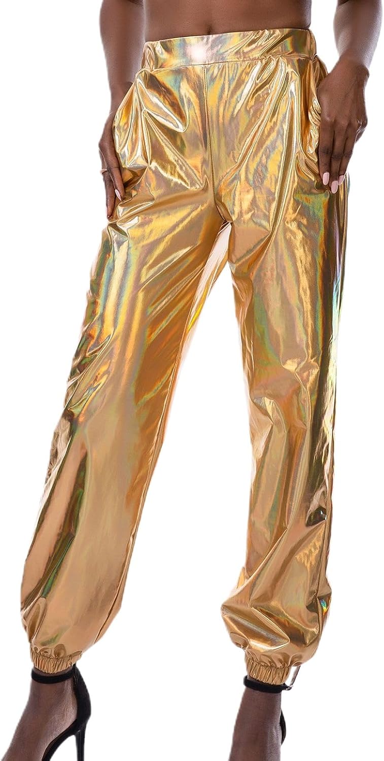 Women's Casual Metallic Pants Shiny Long Trousers Halloween Stretch Elastic Waist Hot Dance Casual Pants