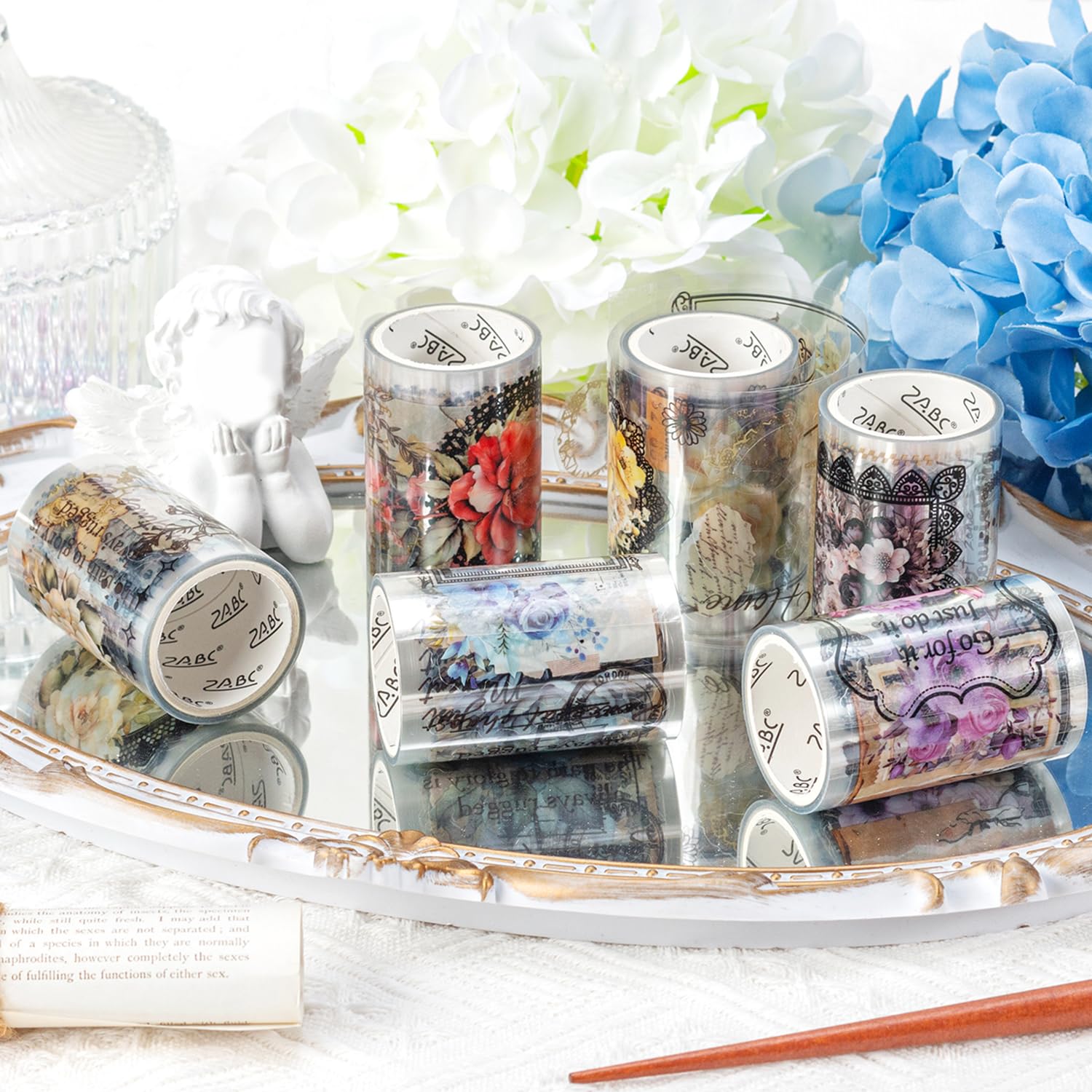 Nostalgic Flowers PET Vintage Floral Washi Tape Set, 6 Rolls Wide Decorative Craft Tape for Journaling Supplies, Scrapbooking, Bullet Journal, Junk Journal, DIY Crafts and Gift Wrapping