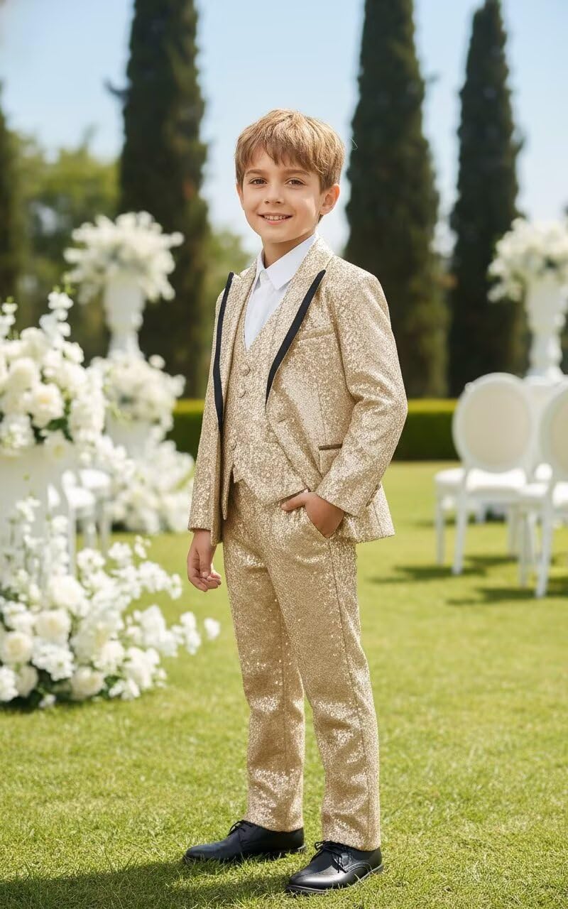 Sequin Suits for Boys 3 Piece Sparkly Peak Lapel Kids Tuxedo Suit Set Wedding Prom Party Blazer Vest Pants
