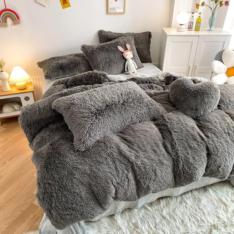 Miniatura 3 de chovy Funda de edredón gris de felpa de pelo sintético, tamaño individualmatrimonial, juego de cama de 3 piezas, ultra suave, lanudo de franela de
