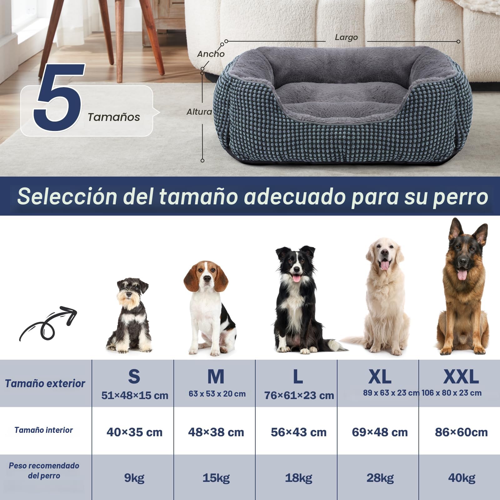 FURTIME Cama Perro, Cama Perros Grande Lavable Esponjosa, Camas Perros Antideslizante Antiansiedad, 89x63x23cm