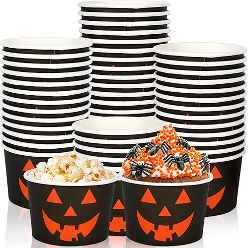 50 tazas de papel desechables con cara de calabaza, de 6.5 onzas, tazas de papel negro y naranja, cuencos de postre para helado de postre para dulce
