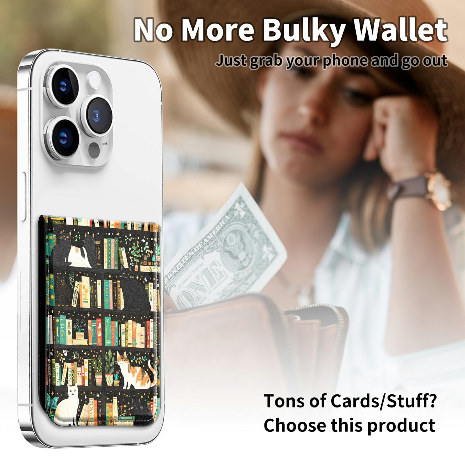 HEAKIERG Card Holder for Phone Case Stick on, 1 Pack Card Holder for Phone Case, Phone Wallet/ID Card Holder with Sticker for Back of iPhone Galaxy Nokia Android and All Smartphones, Bookshelf Cat