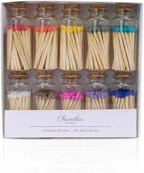 Chandler Studio Colorful Small Match Bottles - Cork Closure - Strike-on Jars - 2 Matchsticks Gift Set, 40 Matchticks Bottle