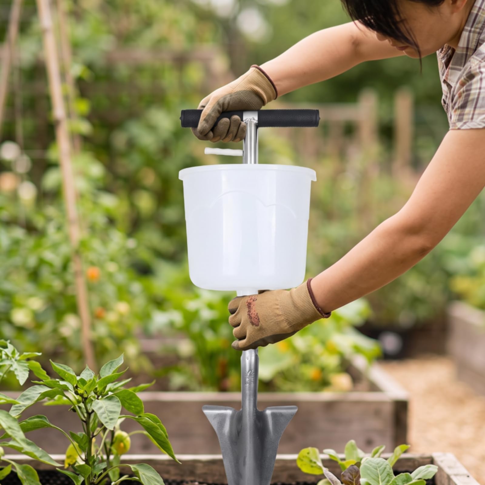 Applicatore di Fertilizzante Manuale Attrezzo per Apporto di Nutrienti Nel Terreno con Puntale Penetrante Asta Serbatoio in PP Presa Orizzontale, Modello Con Secchiello Bianco E Punta Arrotondata