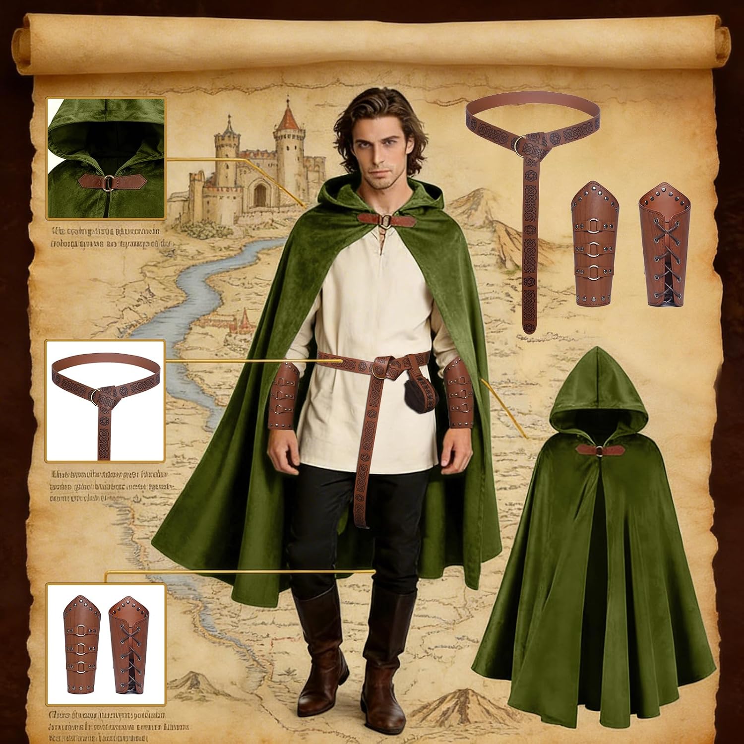 Unisex Renaissance Hooded Cloak with Medieval Costume Accessories-Belt-Pouch-Bracers,Ren Faire Halloween Outfit